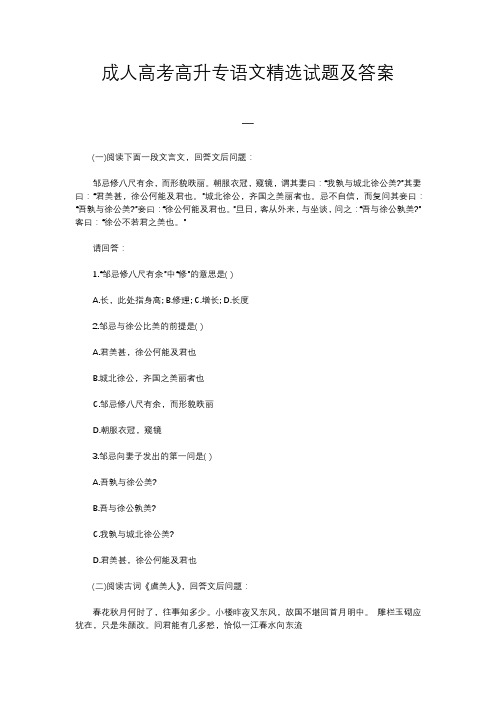 成人高考高升专语文精选试题及答案