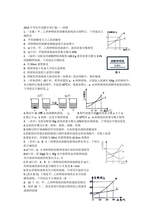 2015年全国各地中考化学试题分类汇编：溶液(含答案)