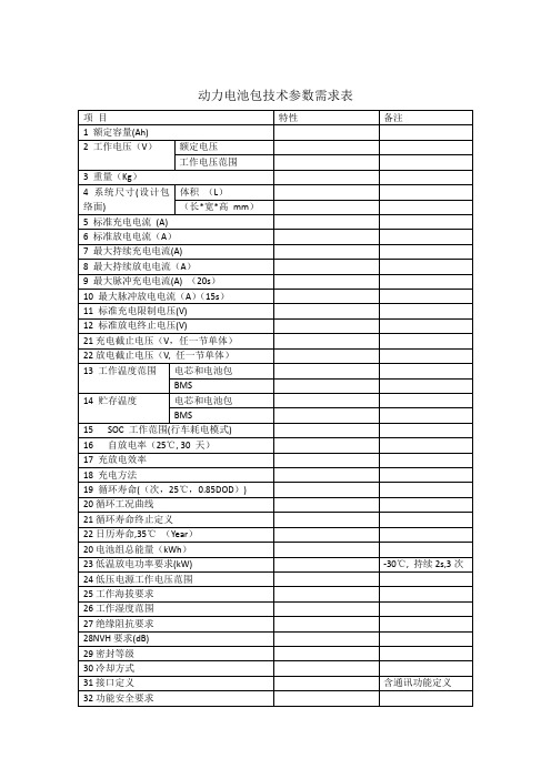 动力电池包技术参数需求表