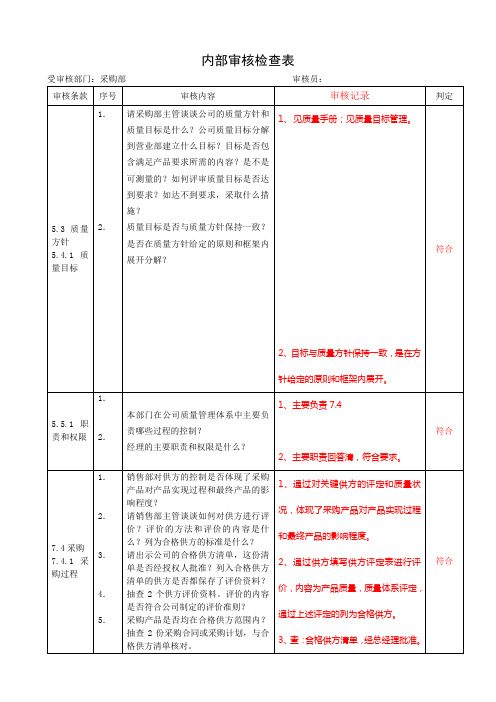 采购-质量内部审核检查表