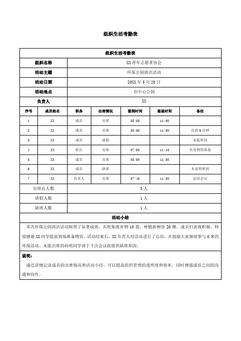 组织生活考勤表