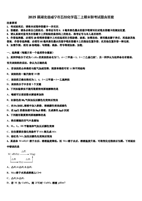 2025届湖北省咸宁市五校化学高二上期末联考试题含答案