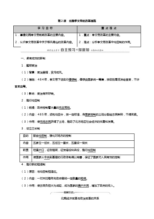 新人教版学高中历史选修北魏孝文帝改革北魏孝文帝的改革措施教师用书教案