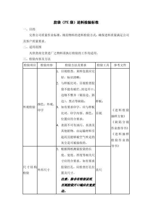 胶袋(PE袋)进料检验标准