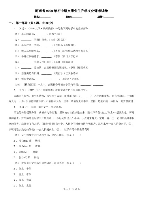 河南省2020年初中语文毕业生升学文化课考试卷