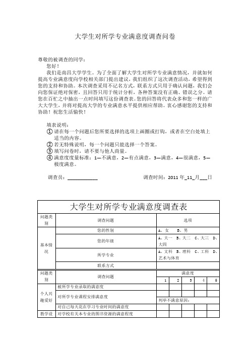 大学生对所学专业满意度调查问卷