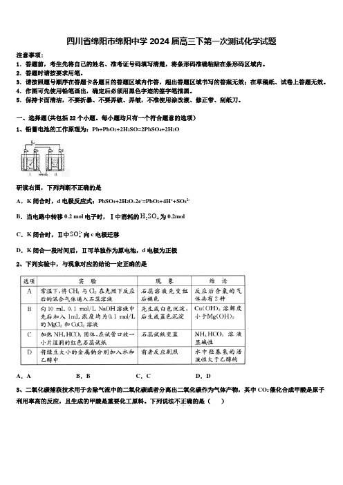 四川省绵阳市绵阳中学2024届高三下第一次测试化学试题含解析