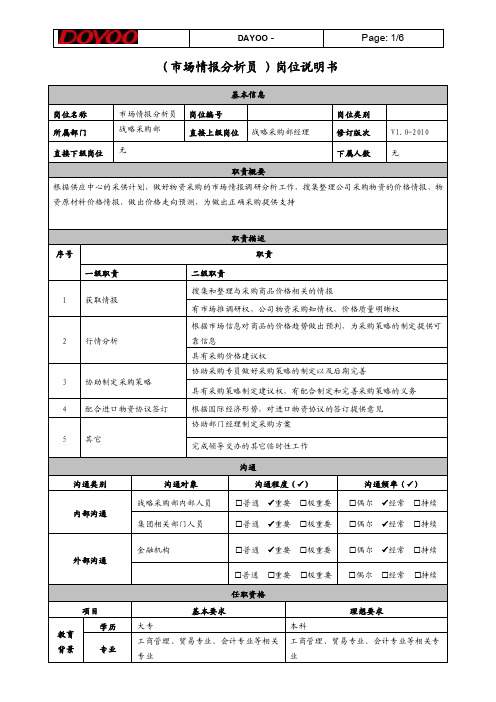 市场情报分析员岗位说明书