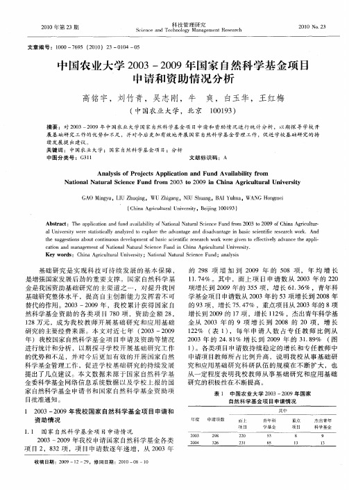 中国农业大学2003-2009年国家自然科学基金项目申请和资助情况分析