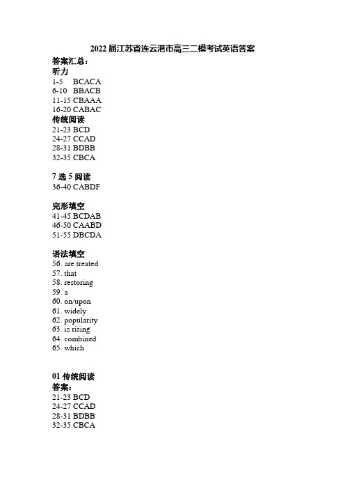 2022届江苏省连云港市高三二模考试英语答案 (2)