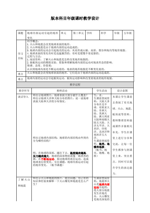 小学科学教科版五年级上册《地球内部运动引起的地形变化》教学设计163