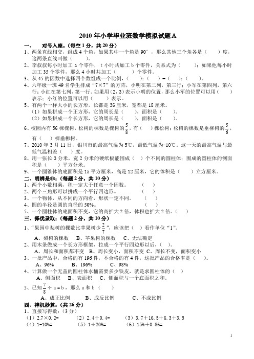 2010年小学数学毕业班模拟试题1