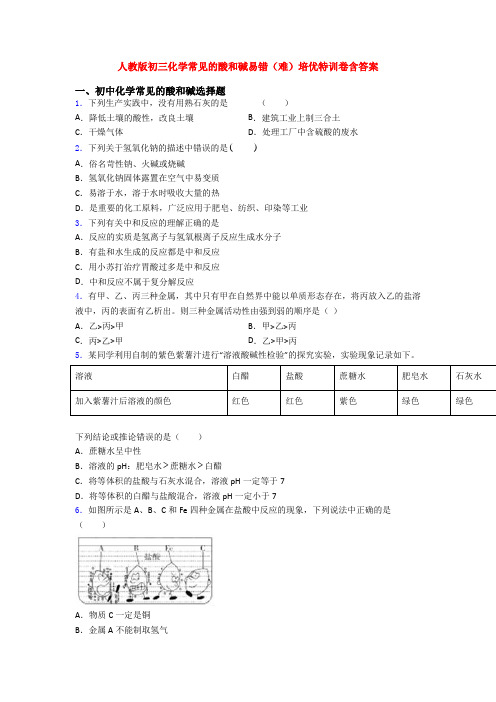 人教版初三化学常见的酸和碱易错(难)培优特训卷含答案