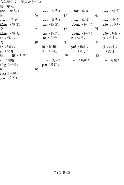 六年级下册语文素材多音字汇总 人教新课标