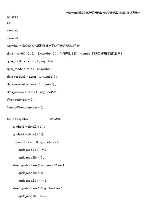 (完整word版)QPSK理论误码率与实际误码率MATLAB仿真程序