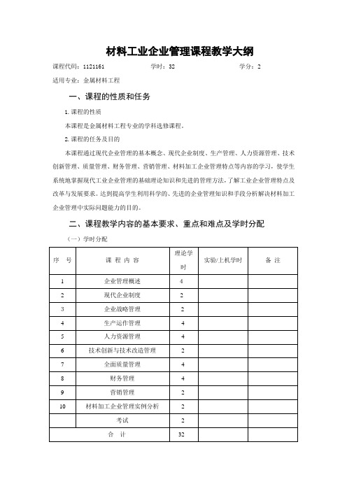 材料工业企业管理课程教学大纲1