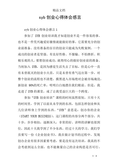 syb创业心得体会感言