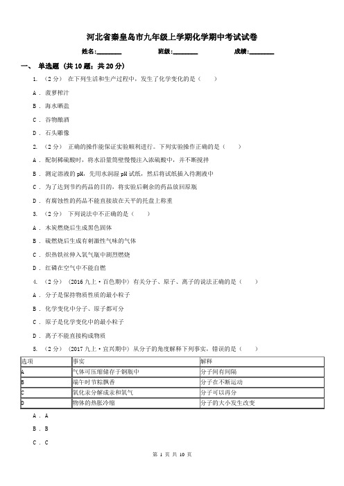 河北省秦皇岛市九年级上学期化学期中考试试卷