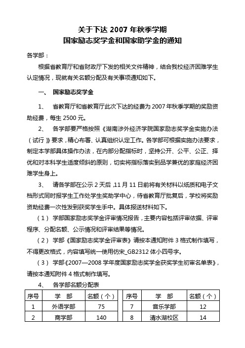 关于下达2007年秋季学期国家励志奖学金和国家助学金的通知