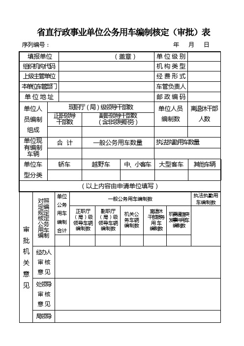 省直行政事业单位公务用车编制核定(审批)表