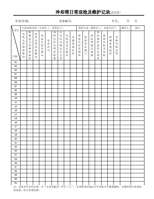 冷却塔日常巡检及维护记录(闭式塔)