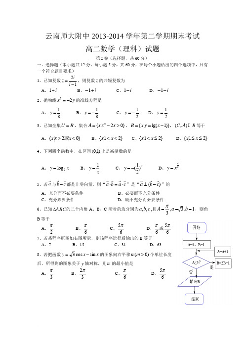 云南师大附中2013-2014学年第二学期末考试高二理科数学(无答案)