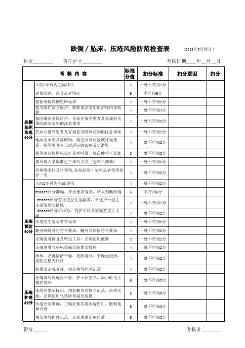 跌倒∕坠床、压疮风险防范检查表