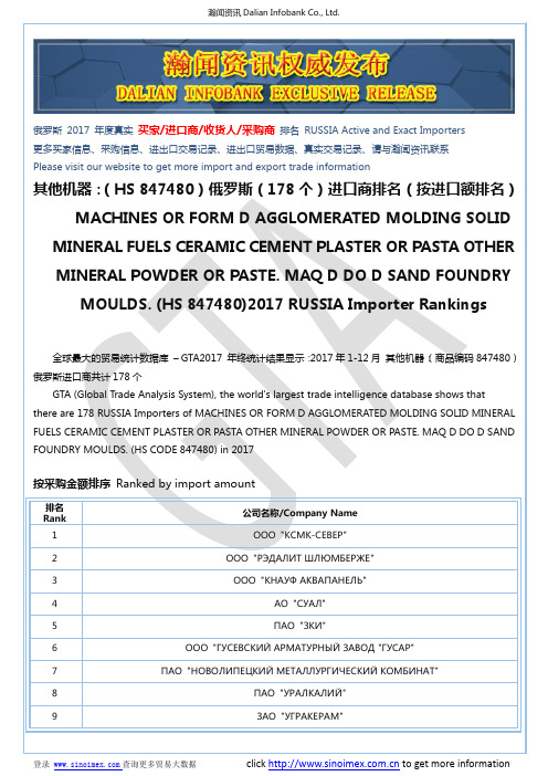 其他机器：(HS 847480)2017 俄罗斯(178个)进口商排名(按进口额排名)