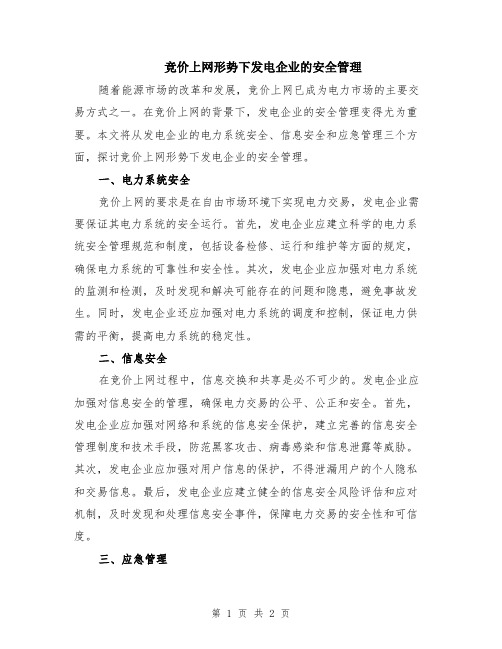 竞价上网形势下发电企业的安全管理