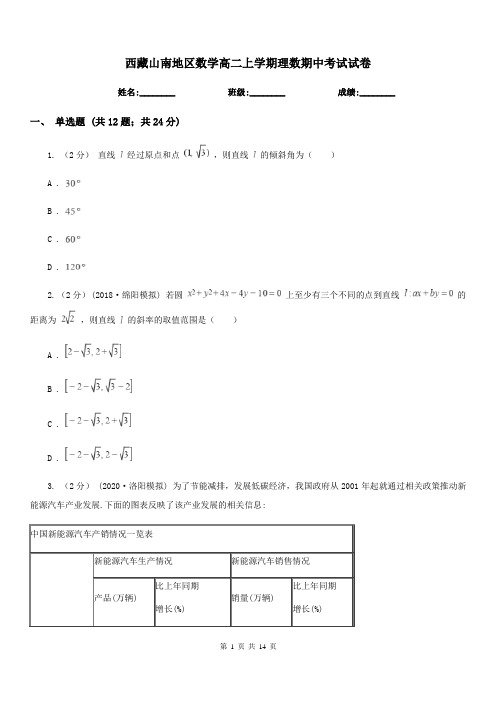 西藏山南地区数学高二上学期理数期中考试试卷