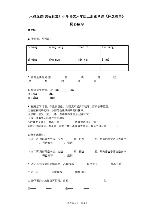 人教版(新课程标准)小学语文六年级上册第6课《怀念母亲》同步练习(小学语文-有答案)