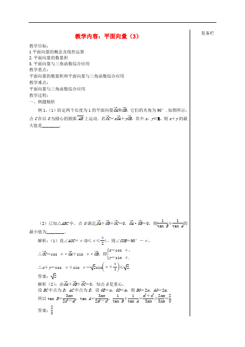 江苏省赣榆县智贤中学高考数学 专题二 第3讲 平面向量(3)复习教学案