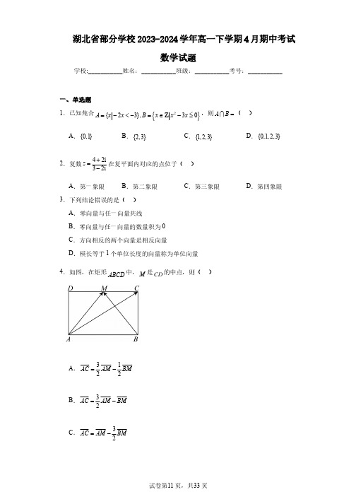 湖北省部分学校2023-2024学年高一下学期4月期中考试数学试题