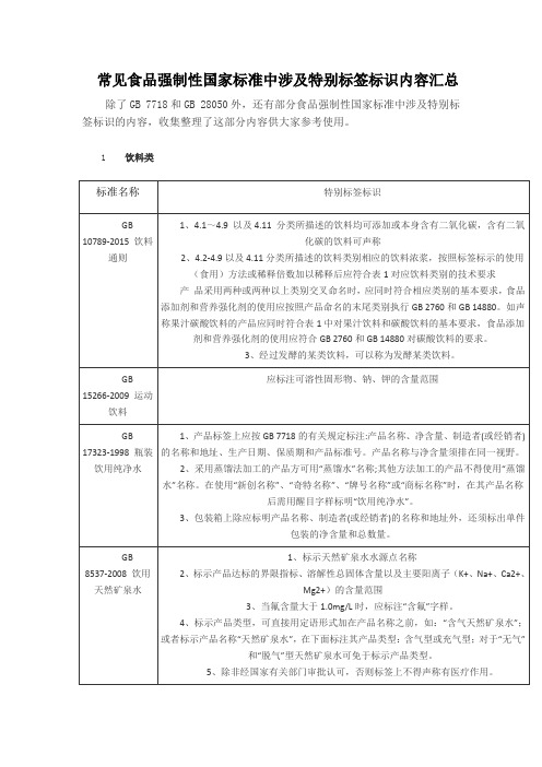 常见食品强制性国家标准中涉及特别标签标识内容汇总