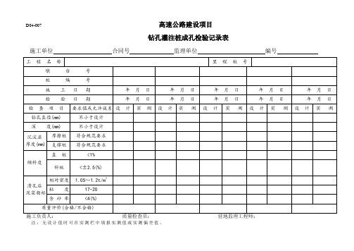 钻孔灌注桩成孔检验记录表