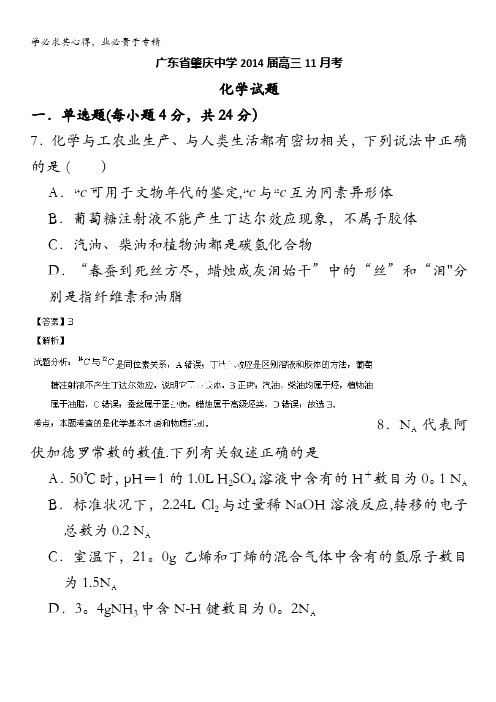 广东省肇庆中学2014届高三11月月考化学试题 含解析