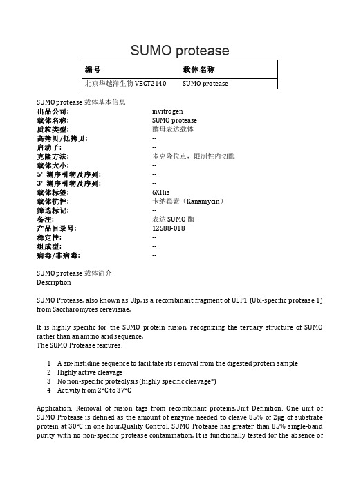 SUMO protease酵母表达载体说明