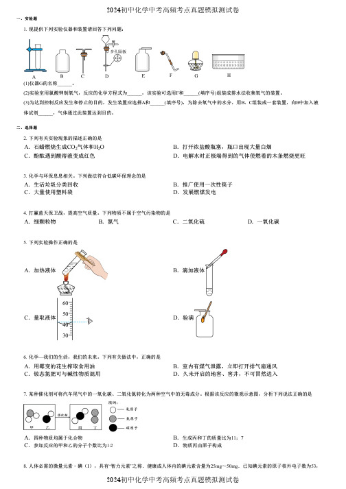 2024初中化学中考高频考点真题模拟测试卷 (3451)