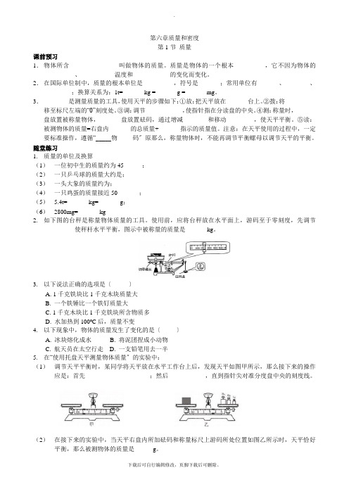 人教版物理八年级上册 第六章 第一节 质量 课课练