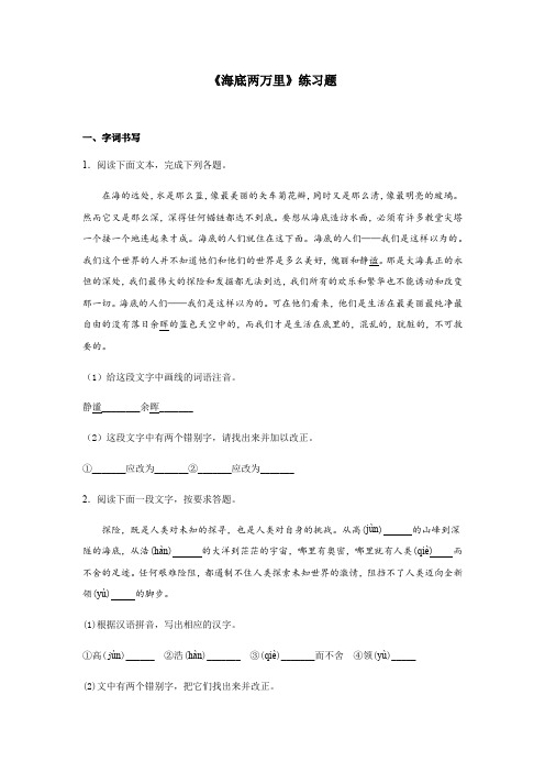 2020—2021学年七年级语文部编版下册名著阅读《海底两万里》练习题