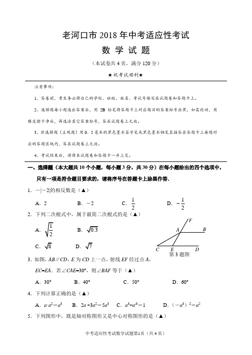 湖北省襄阳市老河口市2018年中考适应性考试数学试题(含答案)