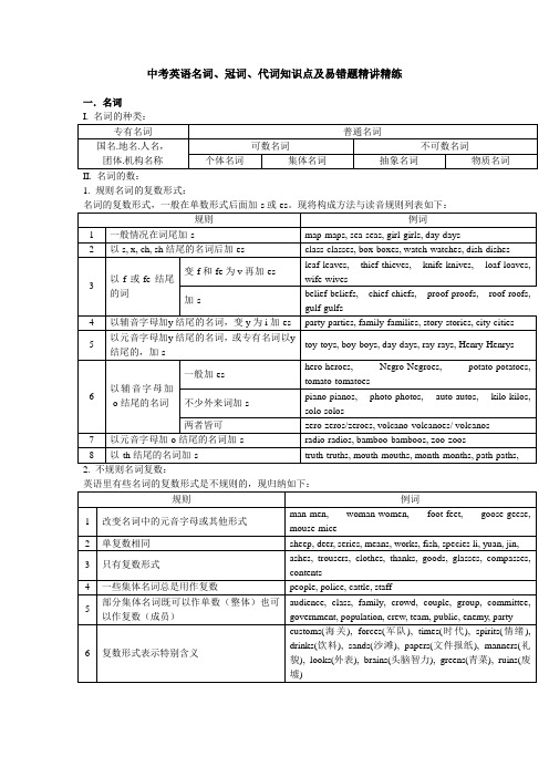 中考英语名词、冠词、代词知识点及易错题精讲精练