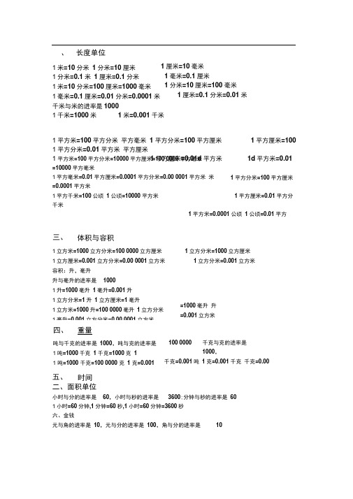 小学数学常用单位进率表