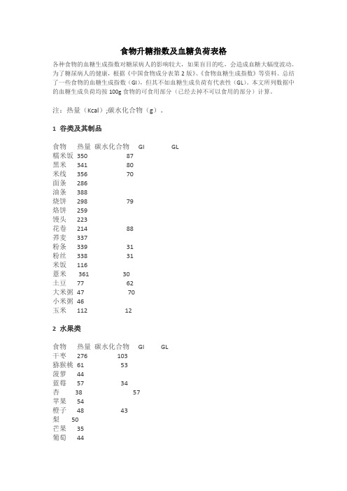 食物升糖指数及血糖负荷表格