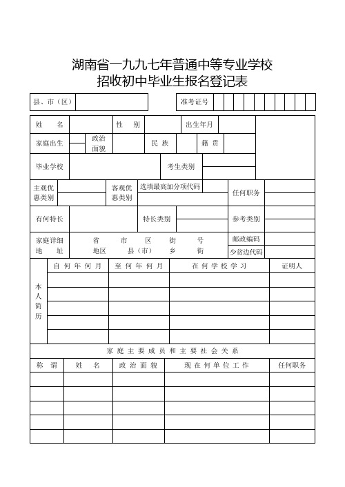 湖南省一九九七年普通中等专业学校招收初中毕业生报名登记表