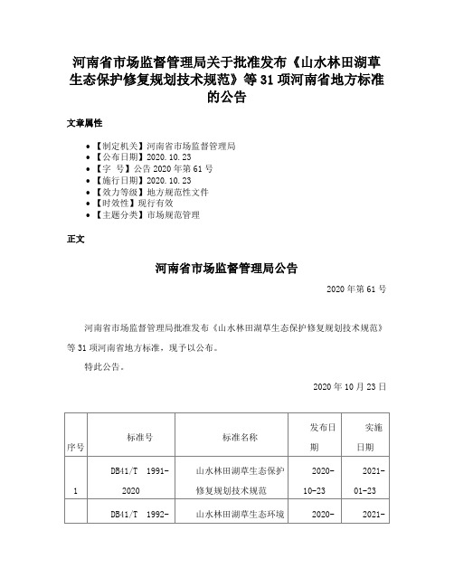 河南省市场监督管理局关于批准发布《山水林田湖草生态保护修复规划技术规范》等31项河南省地方标准的公告