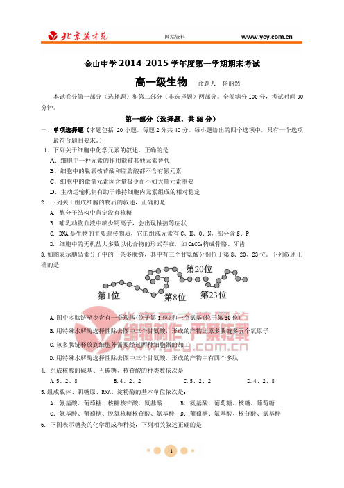 广东省汕头市金山中学2014-2015学年高一上学期期末考试生物试卷