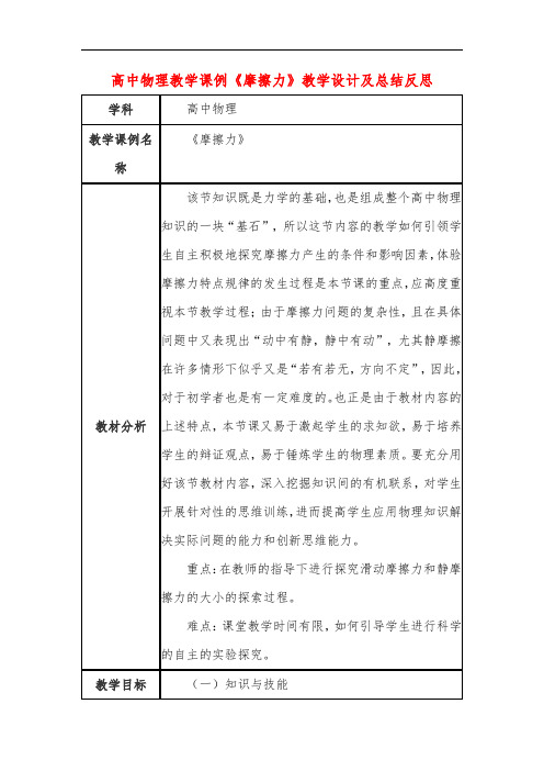 高中物理教学课例《摩擦力》课程思政核心素养教学设计及总结反思