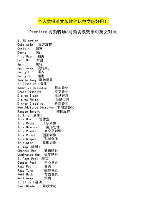 Premiere视频转场视频切换中英文对照