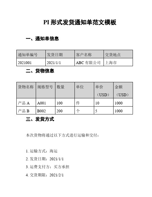 PI形式发货通知单范文模板